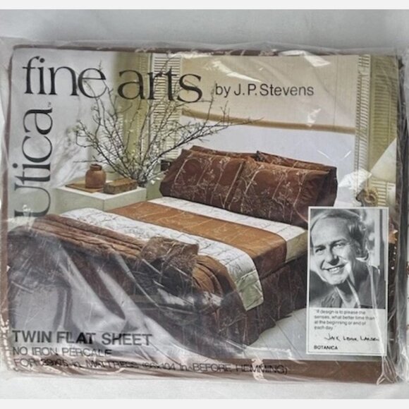 NEW Vtg Utica Stevens Fine Arts Twin Flat Fitted Jack Lenor Larsen Brown Leaves - Picture 1 of 4